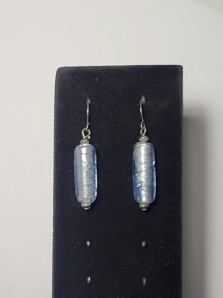 Vintage Murano Style Blue Glass Cylinder Bead Dangle Earrings Silver Tone