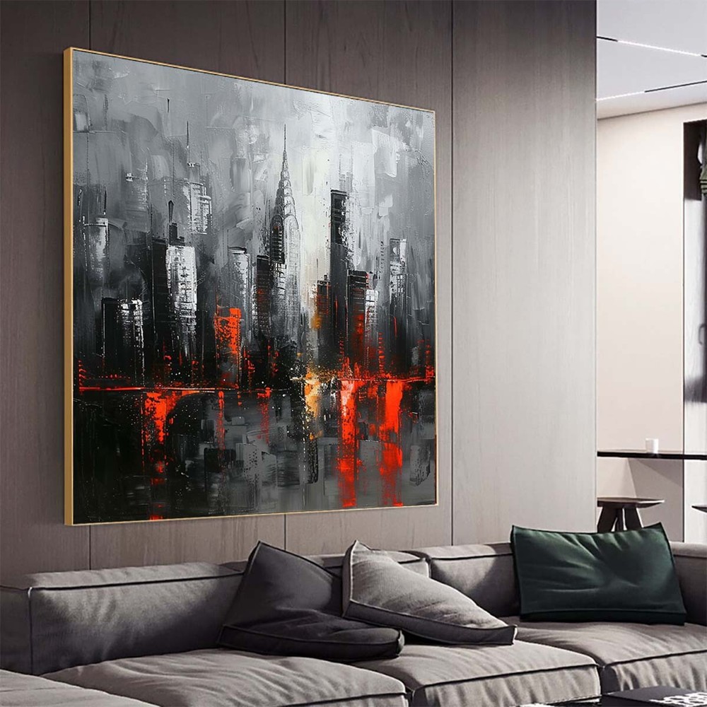 Hand Painted City Abstract Wall Art Painting On Canvas Black Red Picture Room