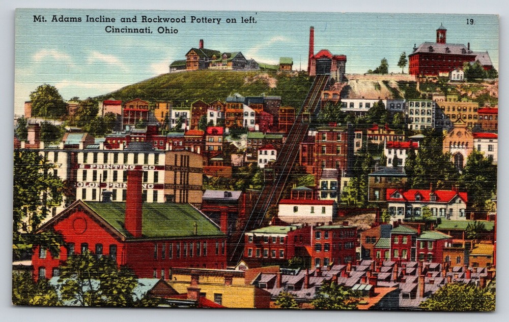 Cincinnati Ohio~Mt Adams Incline Railway~Rockwood Pottery Bldg~Linen Postcard