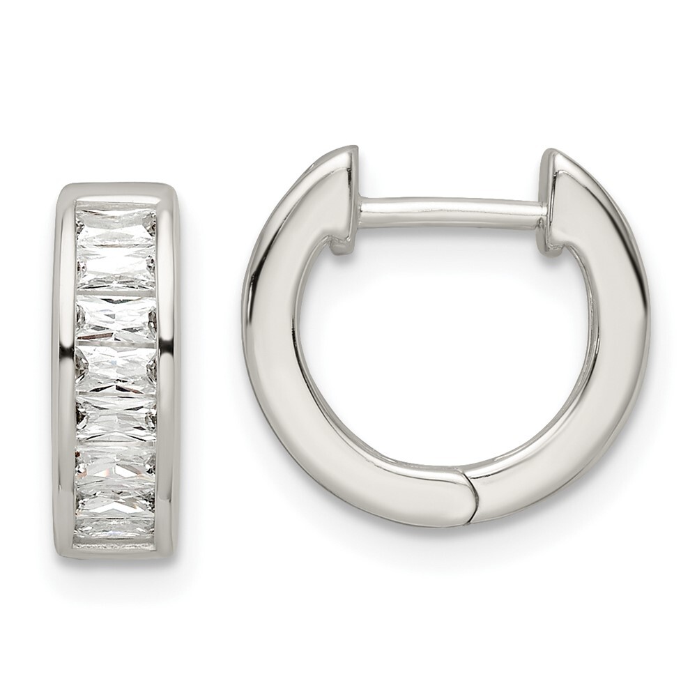 Sterling Silver Polished Baguette Cubic Zirconia Hinged Hoop Earrings 2.7gm