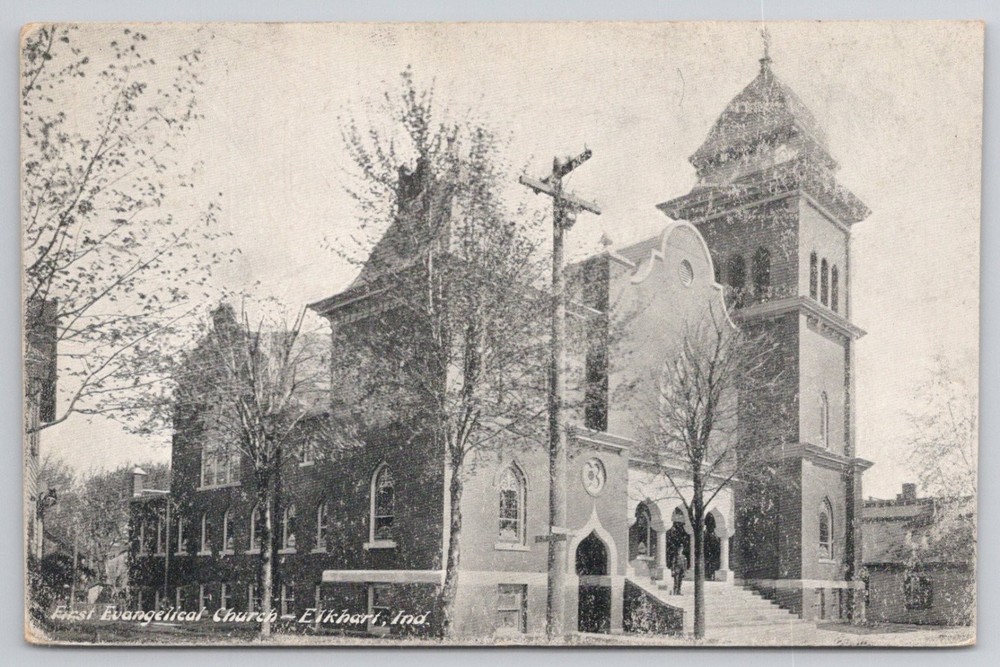 1909 First Evangelical Church Elkhart, Indiana Postcard Posted Warsaw