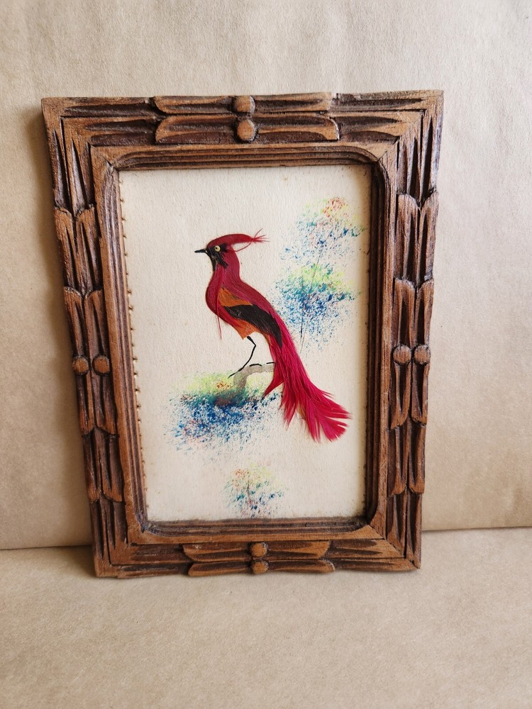Vintage Red Feathered Bird Art Mexican Folk Art Feather Art