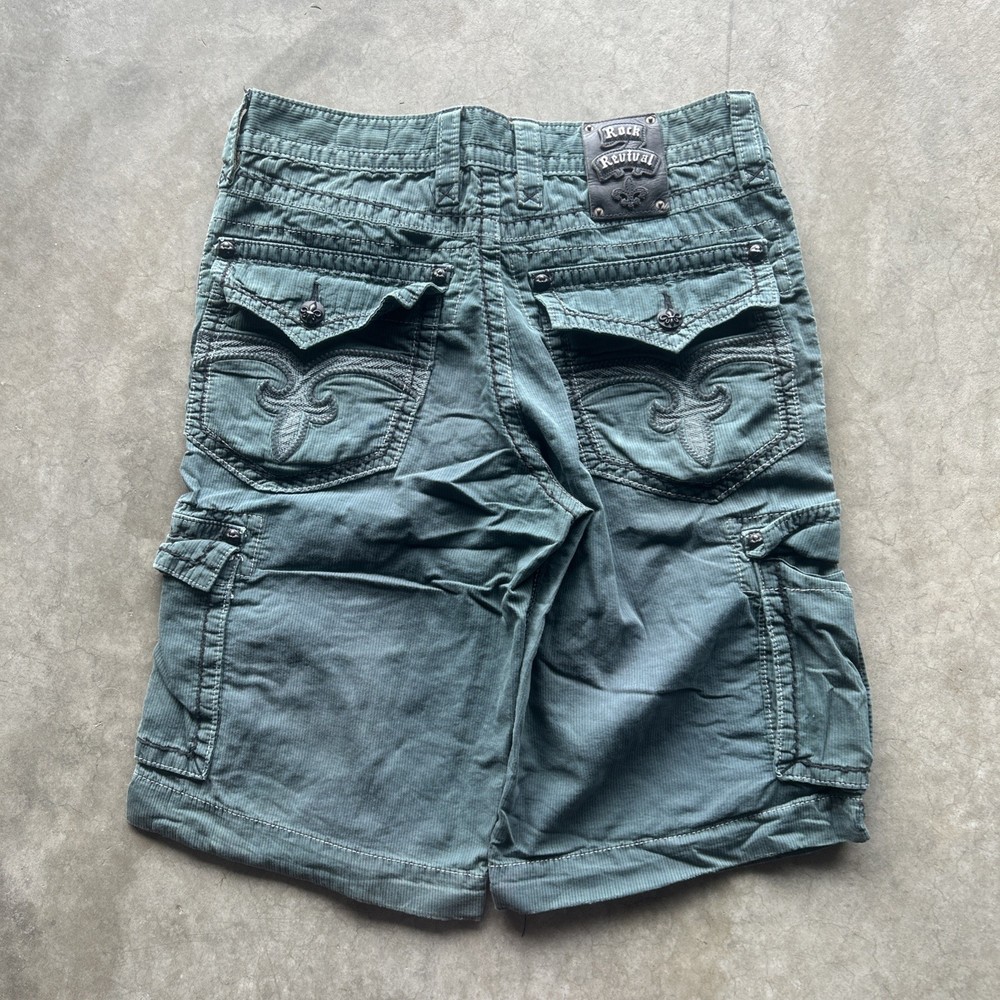 Vintage Y2K Rock Revival Cargo Shorts Mens 32 Green Buckle Utility Pockets