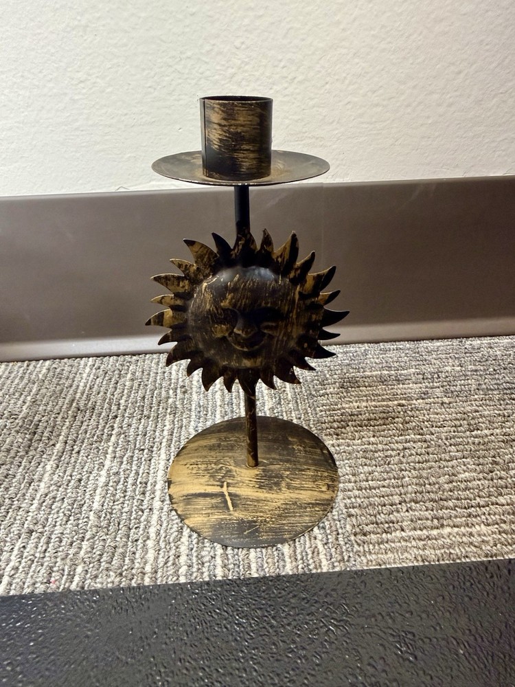 Vintage Style Metal Sun Face Candle Holder Black Gold Celestial Decor