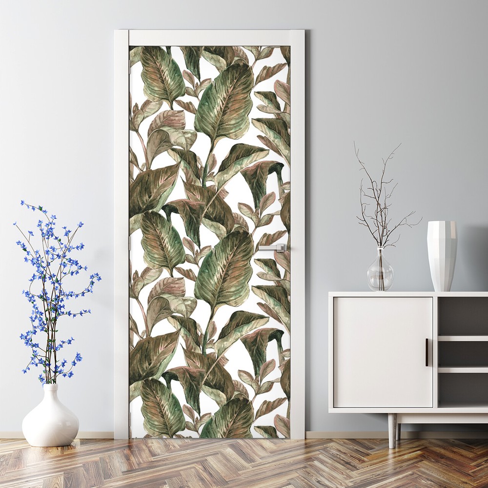 Vintage Leaves Door sticker decal Tropical leaf mural Watercolour Self adhesive