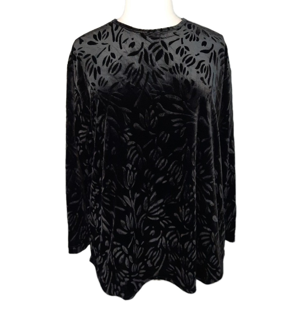 VTG Velvet Burnout Top Black Floral Womens 2X Whimsigoth Dark Romantic Boho 90s