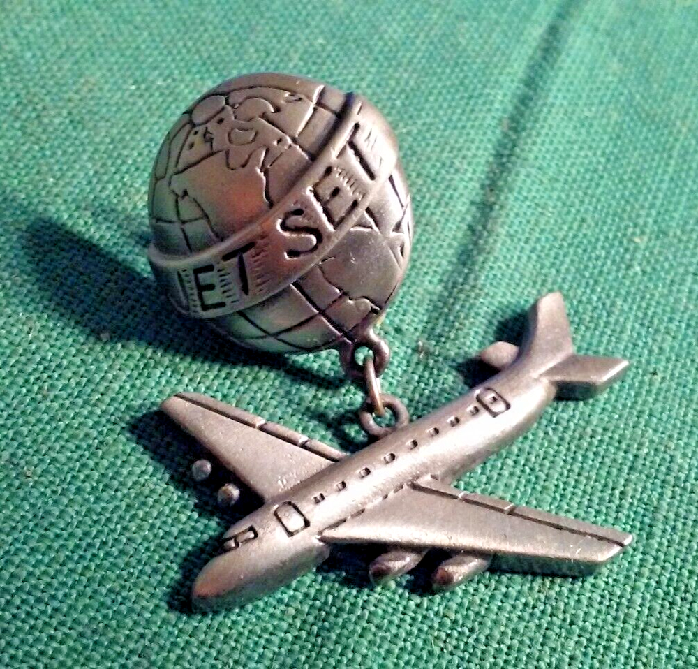 Jet Set Lapel Jacket Pin Pewter 2 Piece World Globe With Dangling Airplane