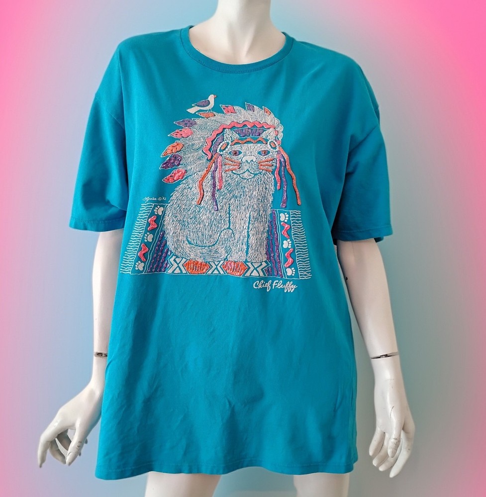 Vintage 90s Cat Chief Fluffy Graphic T Shirt With Sparkle Puff Detail Size XL