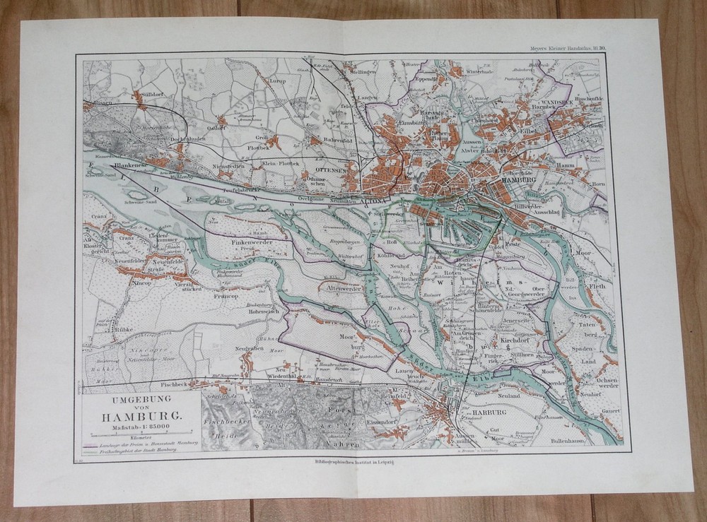 1892 Original Antique Map Of Vicinity Of Hamburg City / Germany