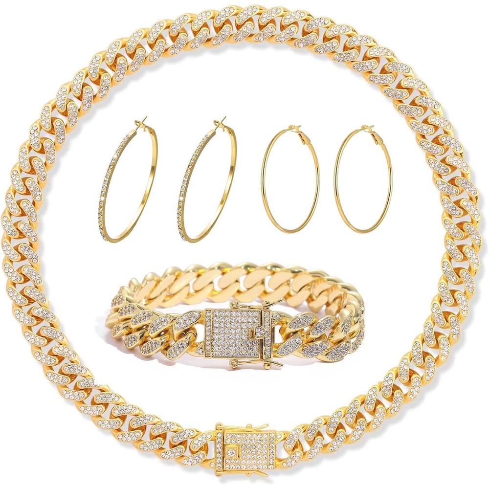 FUNOJOY Cuban Link Chain Jewelry Sets for Women Rhinestone Hoop Earrings Neck...