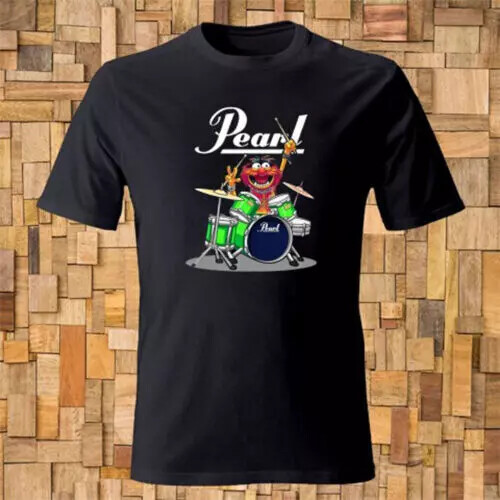 Pearl Drums Cartoon Logo Men's Black T-shirt.