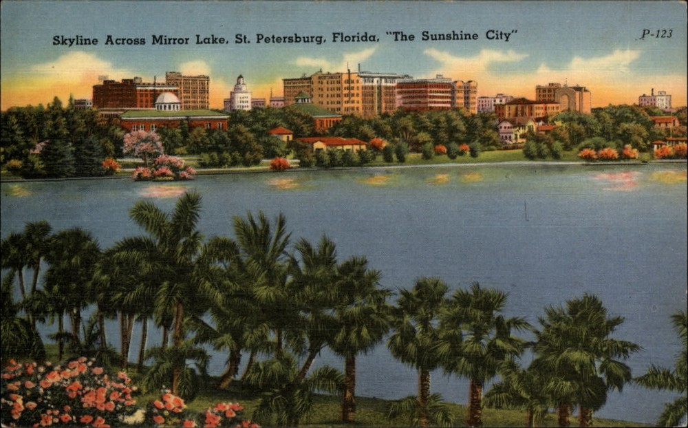Skyline Mirror Lake St Petersburg Florida palm trees ~ 1940s linen postcard