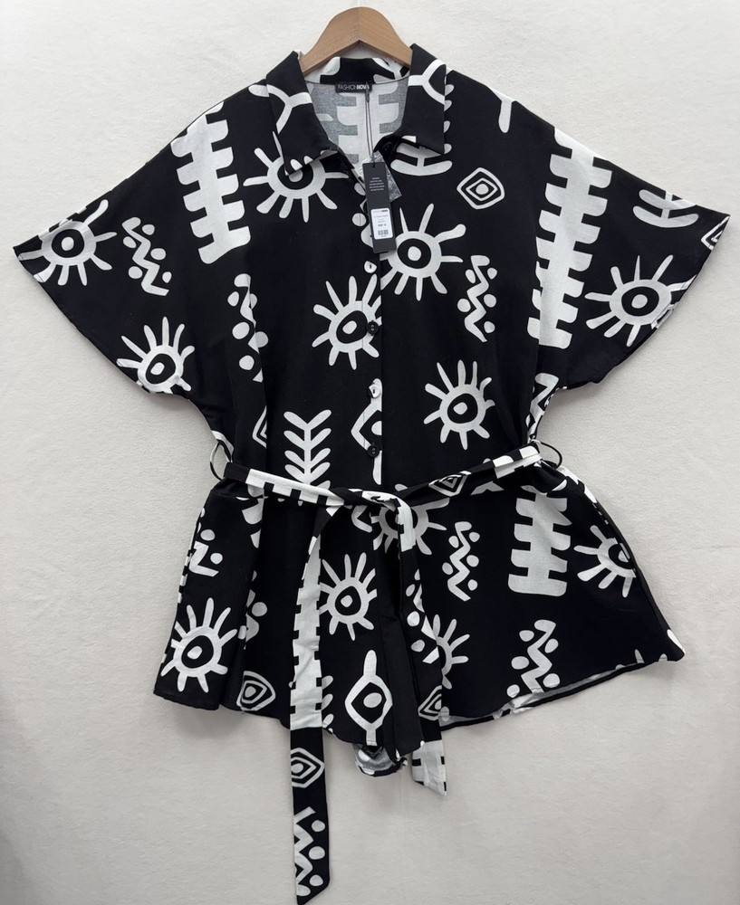 Fashion Nova Women’s 1X Black And White Romper Tie Waist Pockets