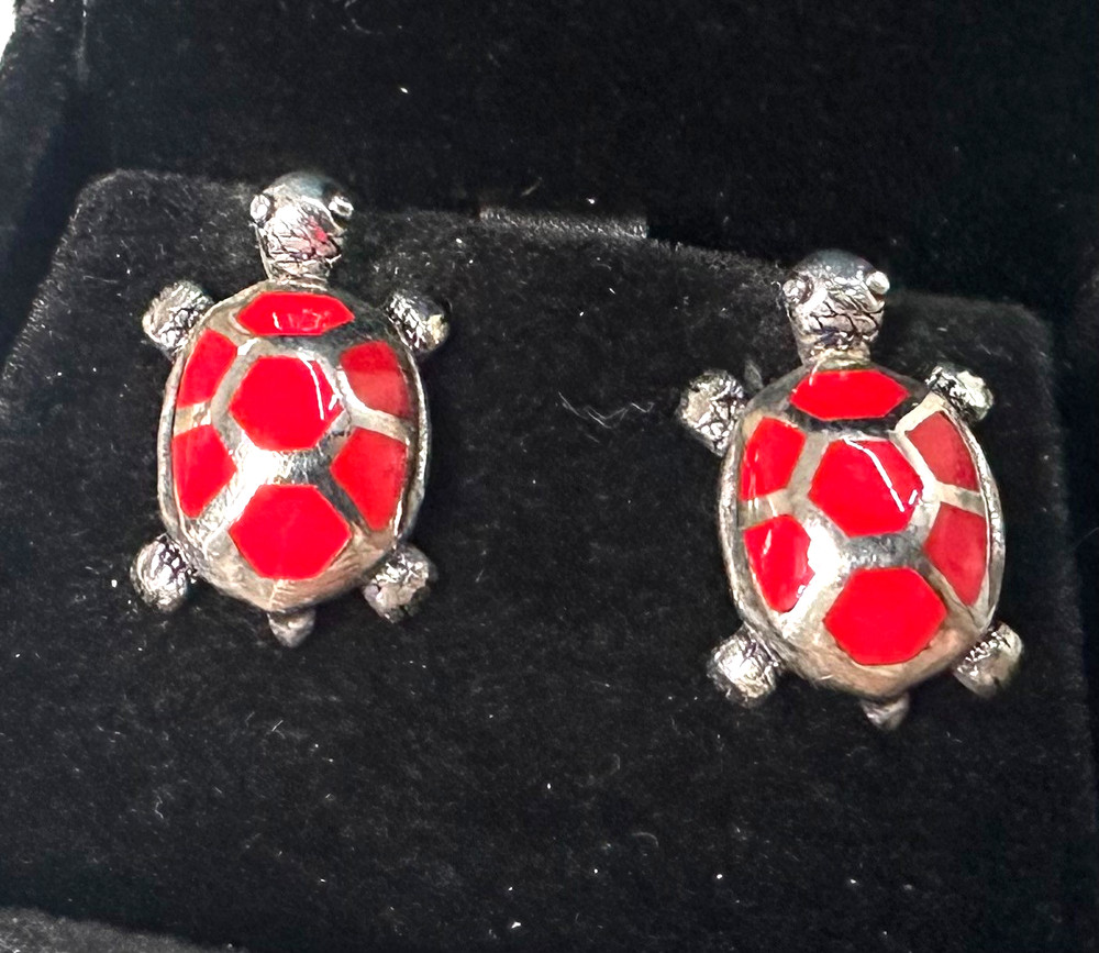 Vintage Red Turtle Stud Earrings MARKED 925 Sterling Silver Jewelry Lot I
