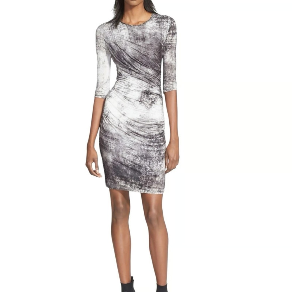 Helmut Lang Nova Ruched Jersey Dress Womens L Gray Abstract Designer Event Party