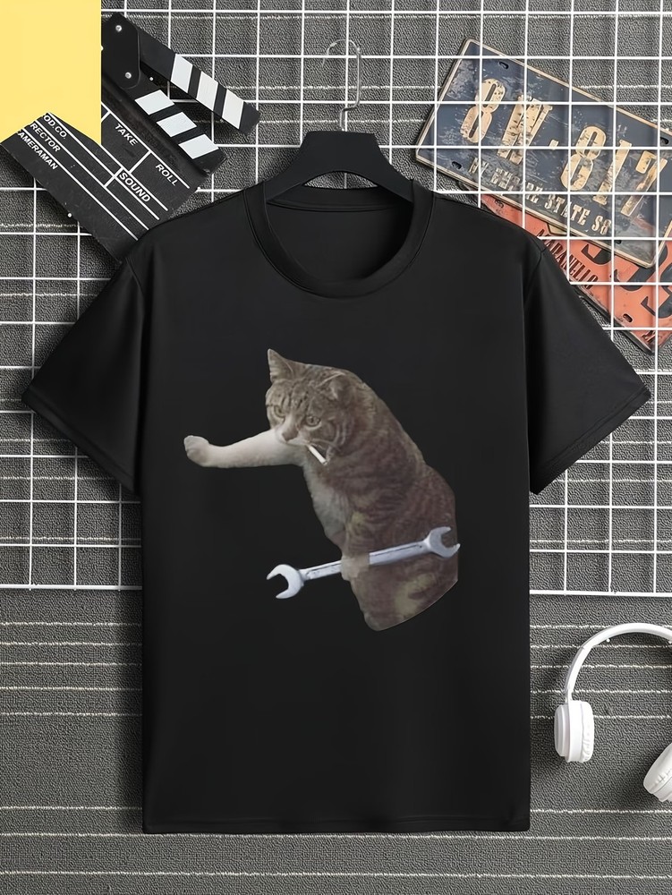 Funny Mechanic Cat T-Shirt with -Wielding Tabby Cat & Lug Nut