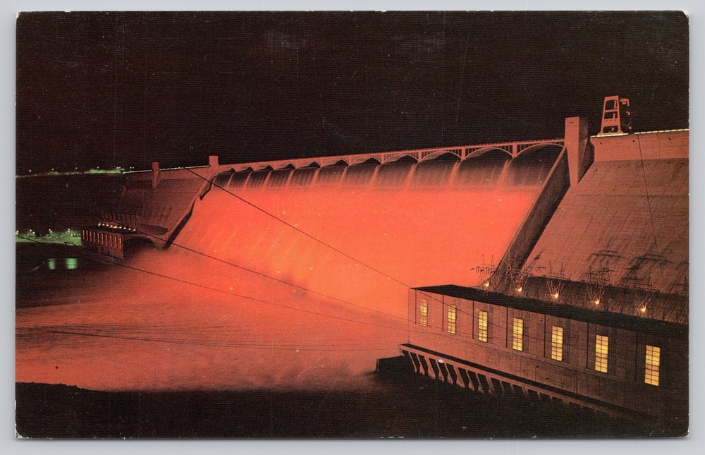 Grand Coulee Dam Washington Night View Lit Spillway Vintage Postcard