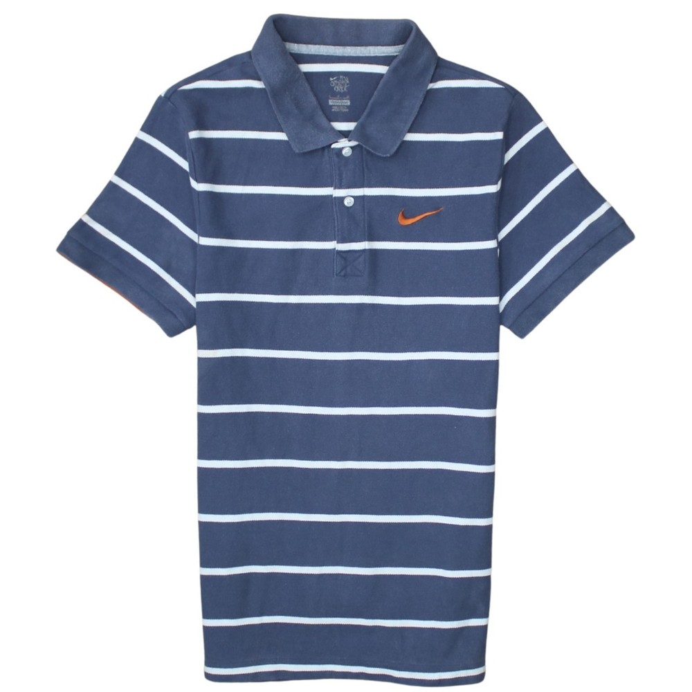 Nike Womens Polo Shirt Navy Blue Striped Cotton Embroidered Swoosh Golf Top S