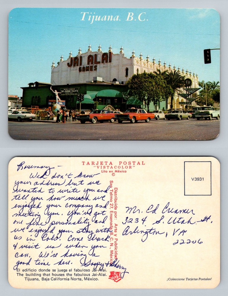 Mexico Tijuana, Baja California, Jai Alai Games Building Vintage Postcard