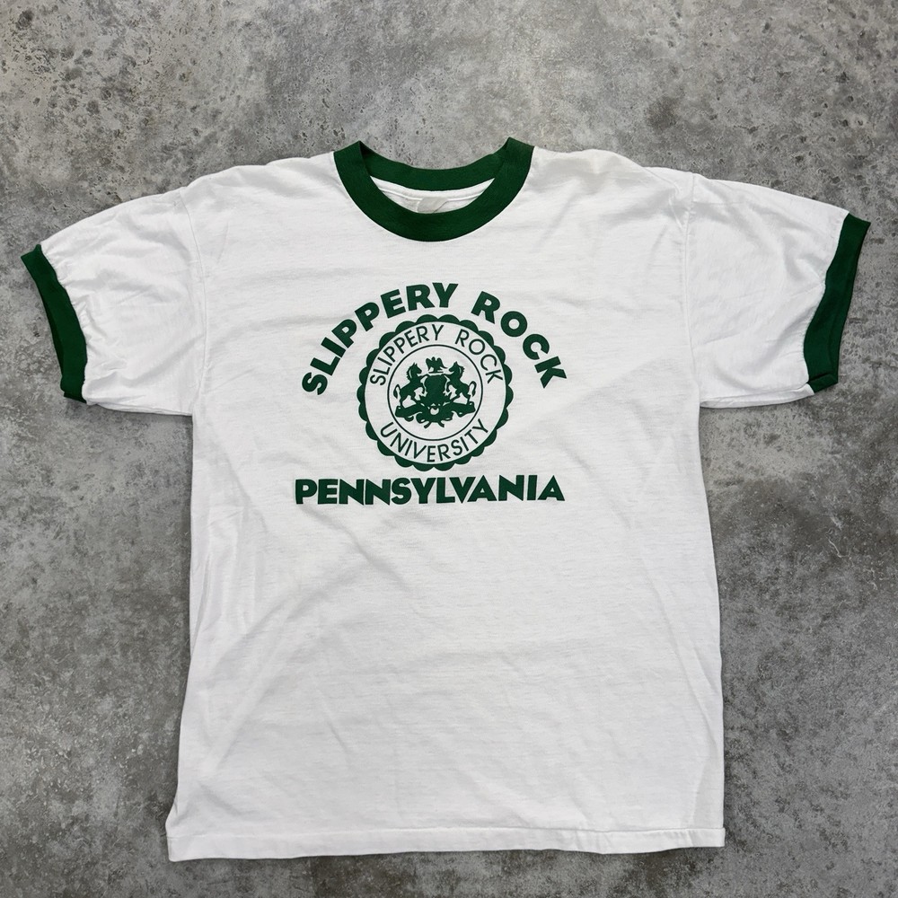 Vintage Slippery Rock t shirt mens Large 80s ringer state college Pennsylvania