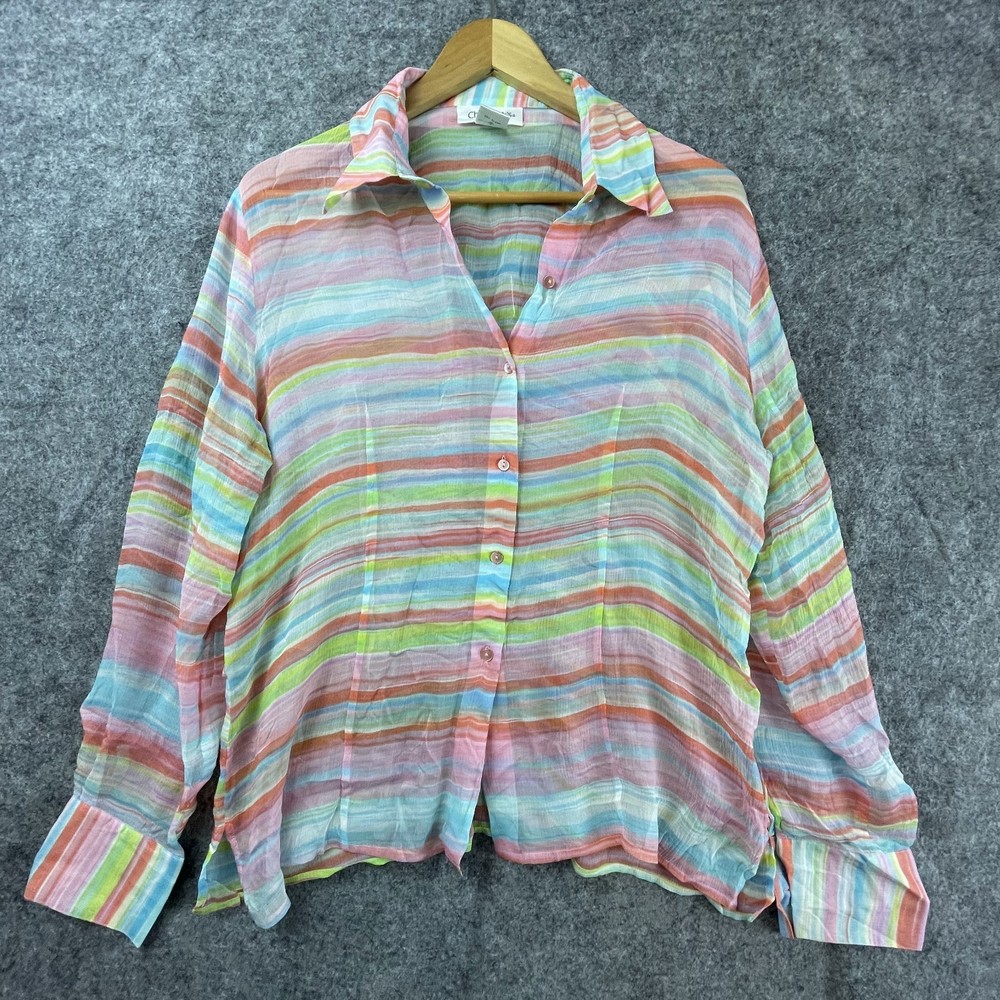 Vintage Chadwicks Silk Blouse Top Womens 12 Rainbow Sheer Beachy Y2K Artsy Indie