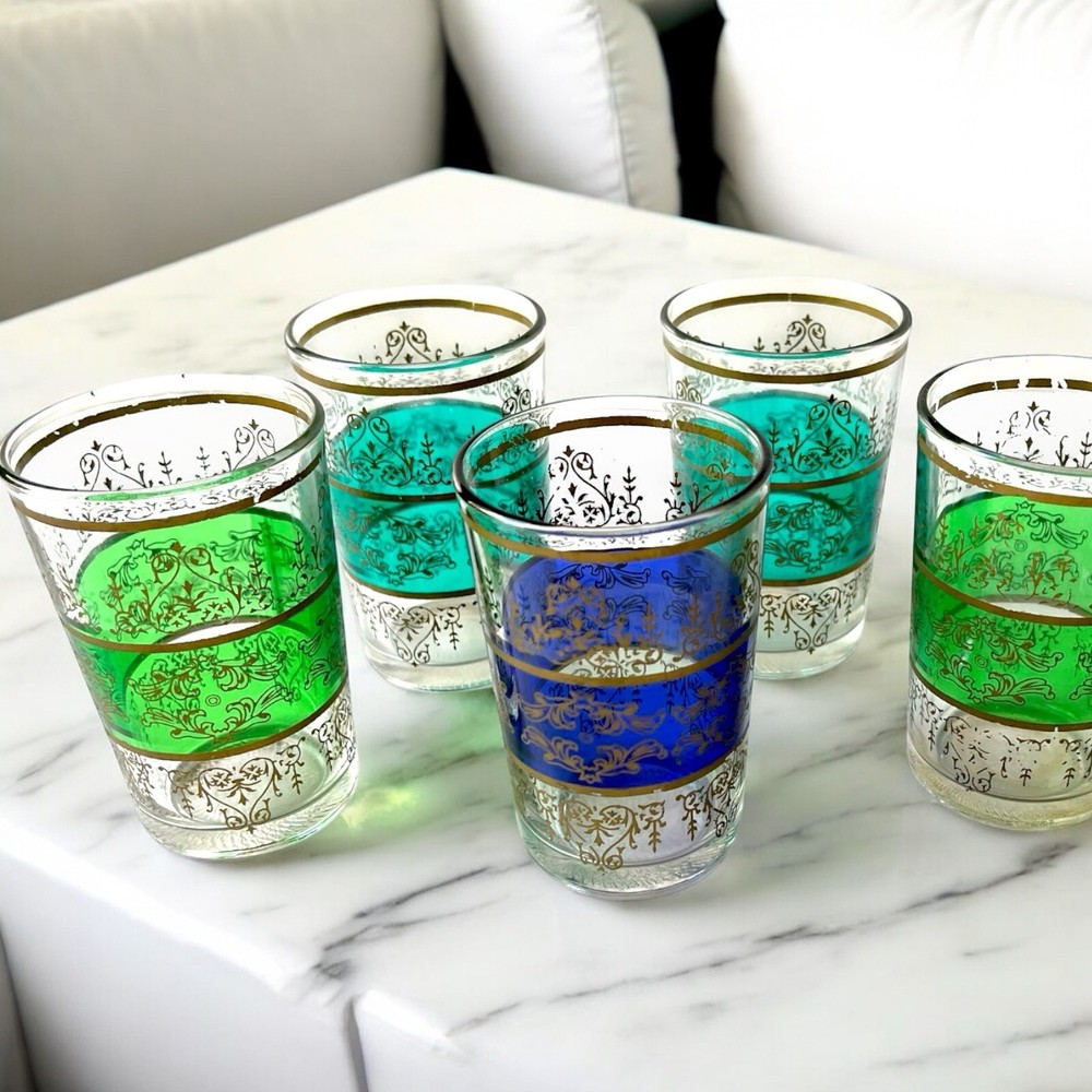 Set Of 5 Moroccan Tea Glasses Blue Teal And Green Vintage Glass Tea Cups Coffee