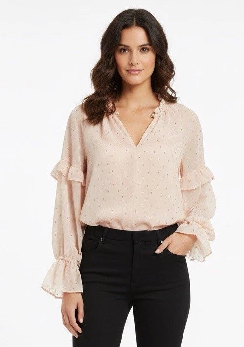 LOFT Pink Ruffle Blouse Womens S Metallic Gold Polka Dot Shimmer Top Long Sleeve