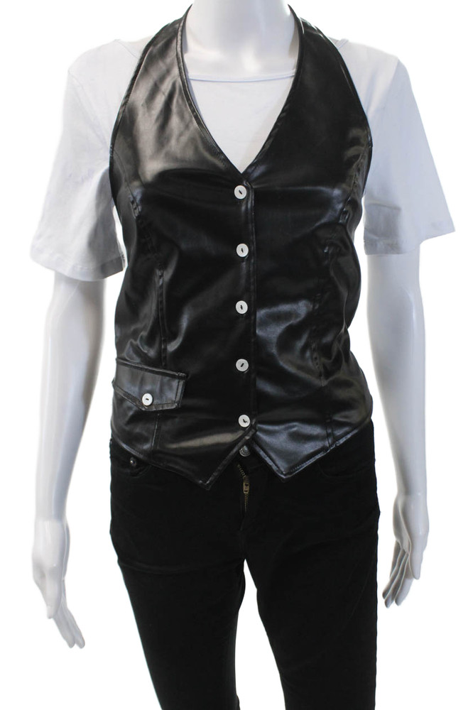 Sundays Womens Vegan Leather Sleeveless Button Up Halter Top Black Size MFree Shipping in US $100+ Orders | $6.95 Orders Below