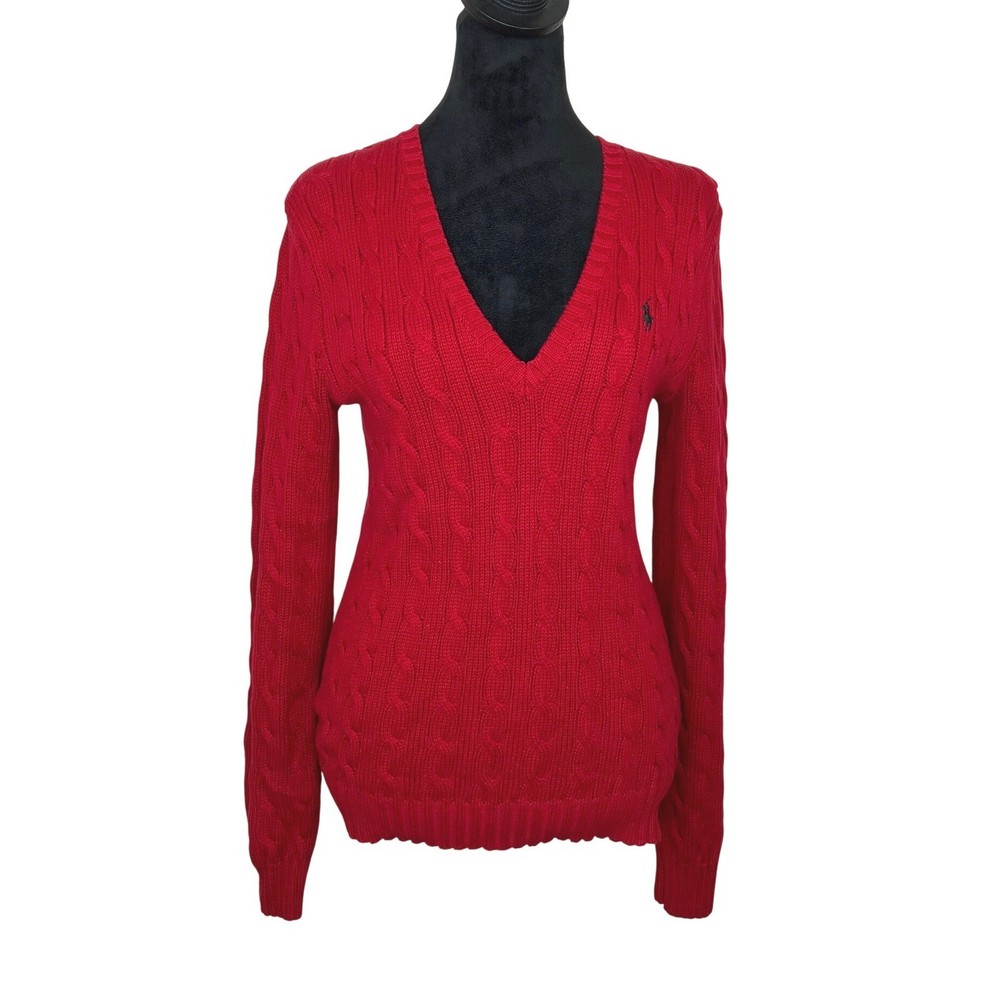 Ralph Lauren Sport Vintage V-neck Cable Knit Sweater Red Women's Medium Preppy