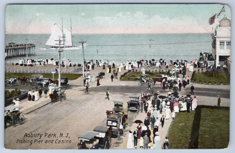New Jersey Asbury Park Fishing Pier and Casino 1907 Matching Cancel Postcard