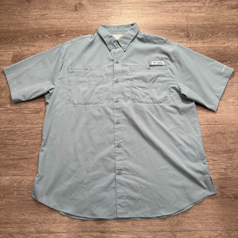 Columbia Shirt Mens XL Blue PFG Vented Fishing Button Up Ripstop Short Sleeve
