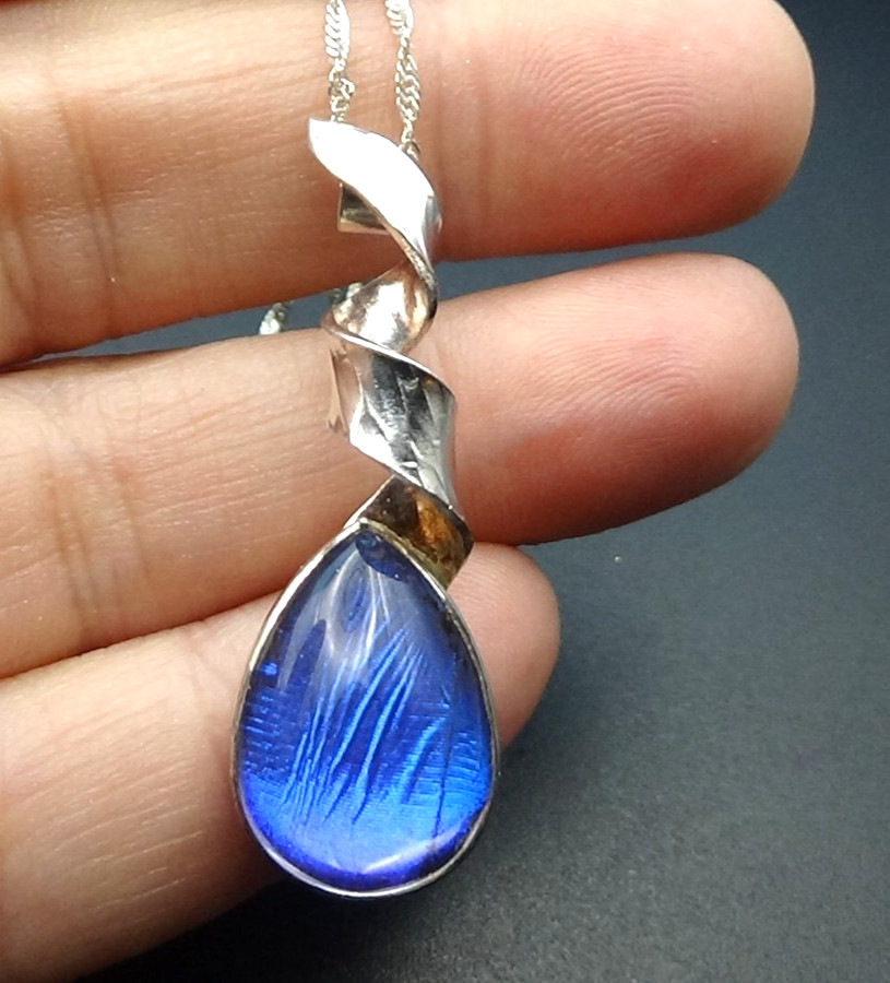Tested 925 Sterling Silver Iridescent Morpho Butterfly Wing Pendant Necklace