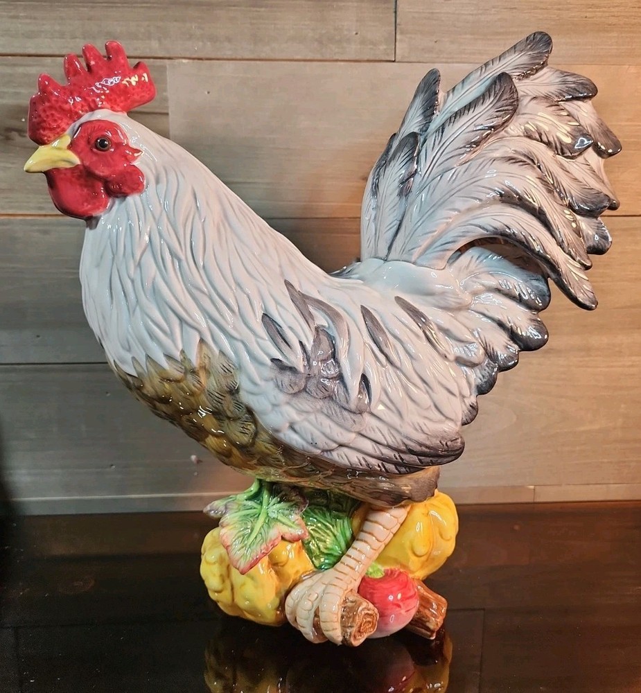Vintage Fitz and Floyd Large Ceramic Rooster W/Leaf & Gourd Original Box 15.5