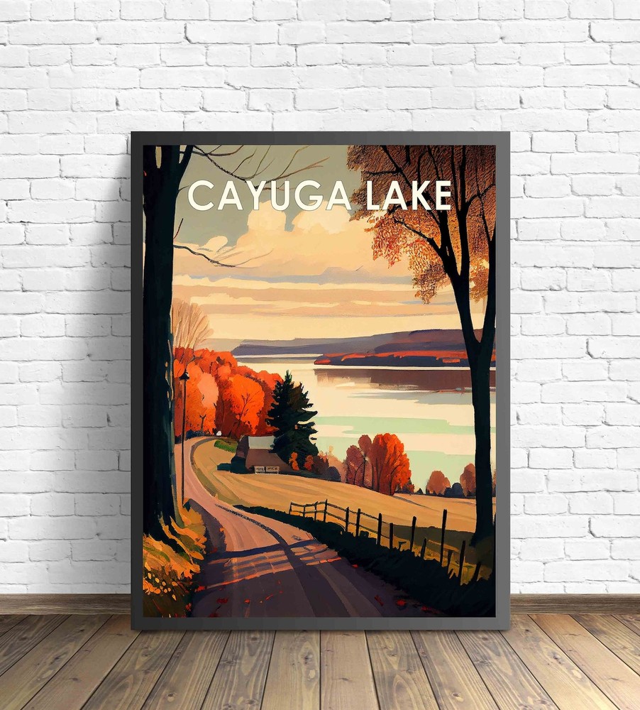 Vintage Cayuga Lake NY Landscape Wall Art Print Illustration  