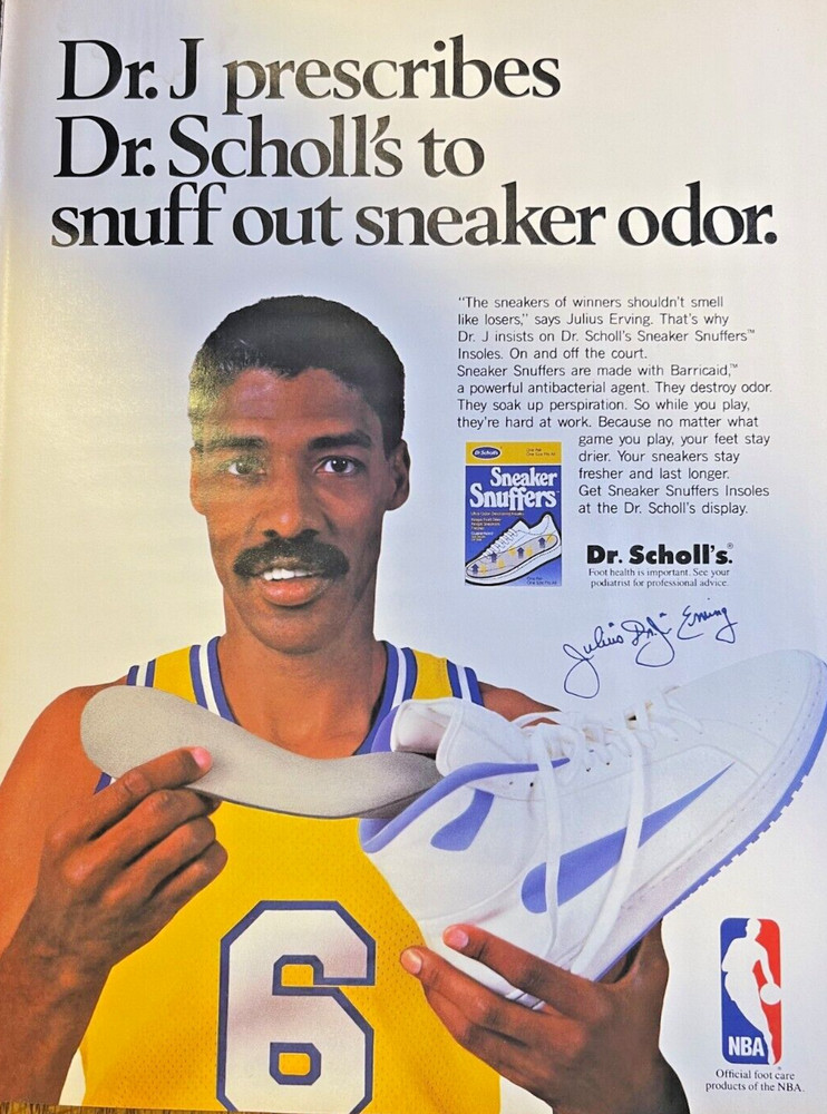 1989 Vintage Magazine Advertisement Julius Erving Dr. Scholl's Sneaker Snuffers
