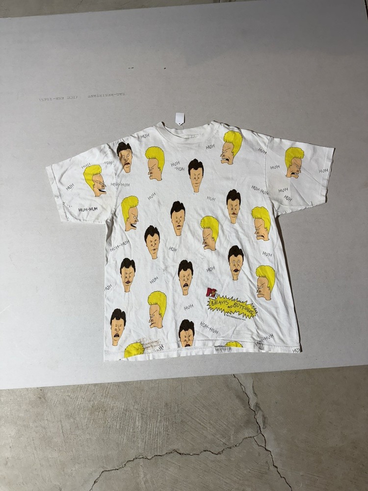Vintage Beavis and Butthead T Shirt AOP Sz L 90s MTV RARE FLAWS