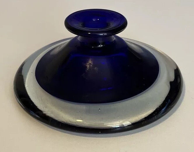 Cobalt Blue Art Glass Perfume Bottle 4.75 Round No Stopper Clear Edge