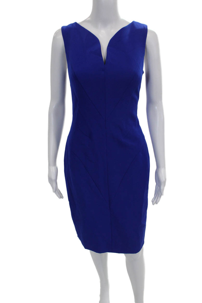 Milly Women Sheath Dress Blue V-Neck Sleeveless Knee Length Polyester Size 6Free Shipping in US $100+ Orders | $6.95 Orders Below