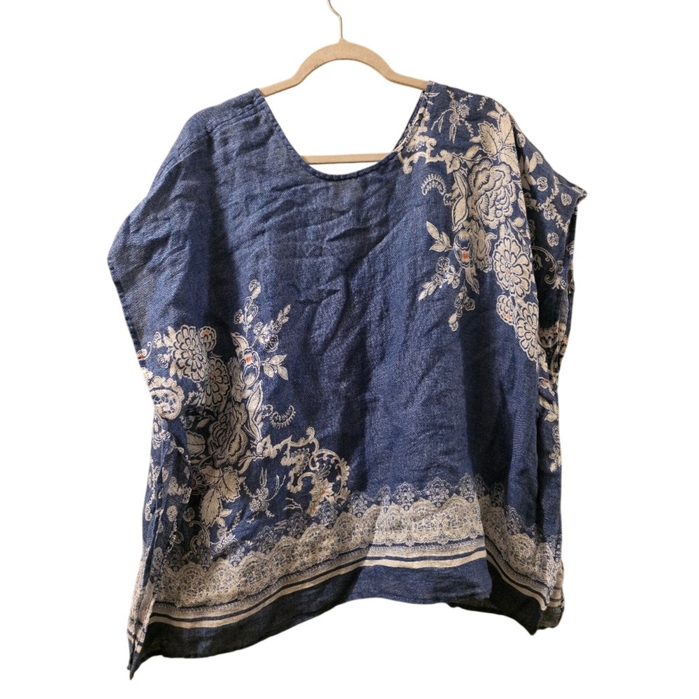 Chicos Blue Linen Floral Boho Poncho Top Paisley Size S Vacation Cruise