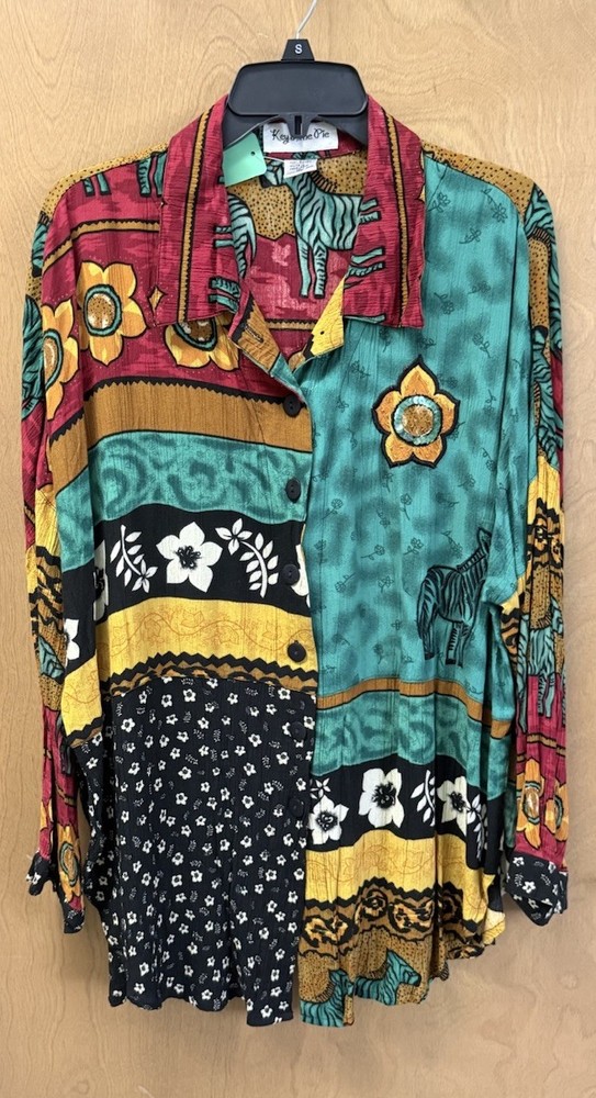 Vintage mixed floral print long sleeve button-down shirt size XL artsy 90s boho