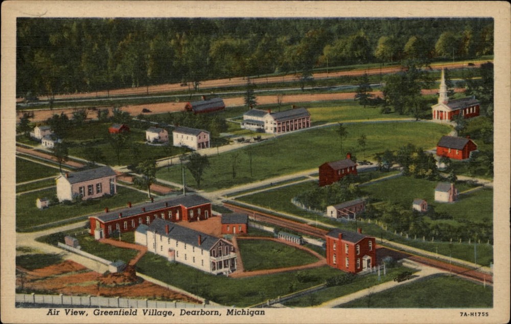 Michigan Dearborn Greenfield Village aerial view ~ 1930s linen postcard  ~ s9869