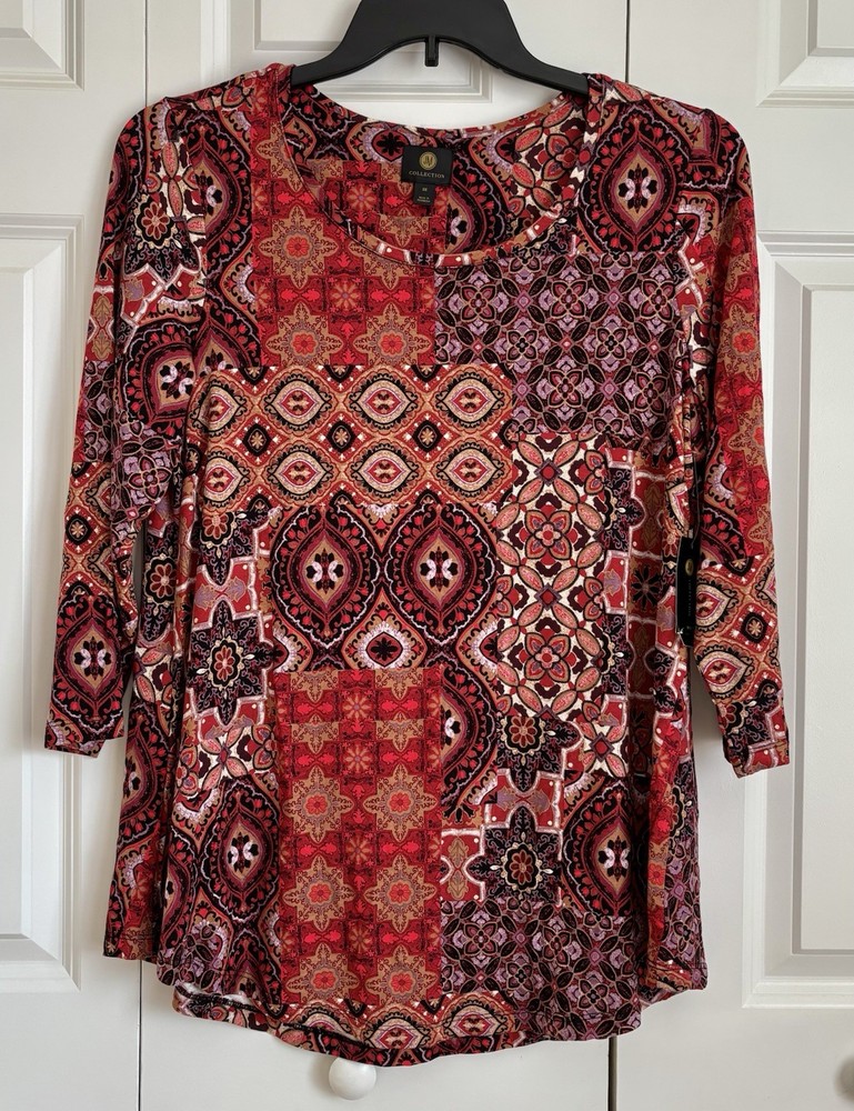JM Collection Women's Floral Ruby Slippers Print Tee Tunic Size 0X  3/4 Sleeve