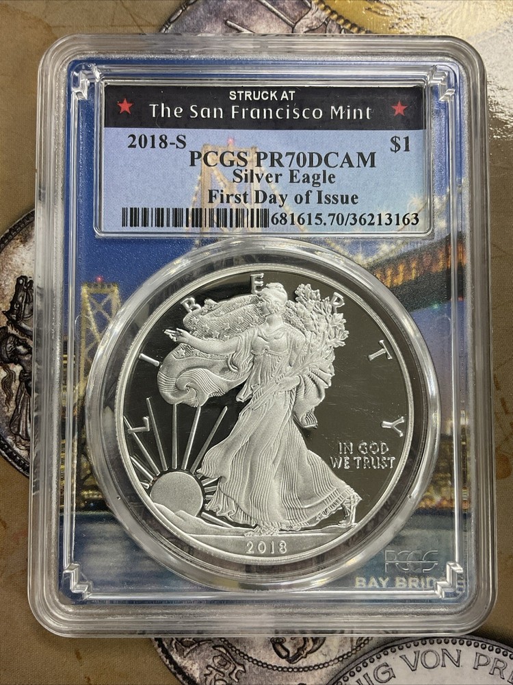PR70DCAM 2018-S Proof American Silver Eagle Dollar PCGS San Francisco Label FDOI