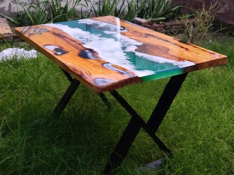 Walnut Wood Green Epoxy Coffee Table, Live Edge Wooden Table, Resin River Table