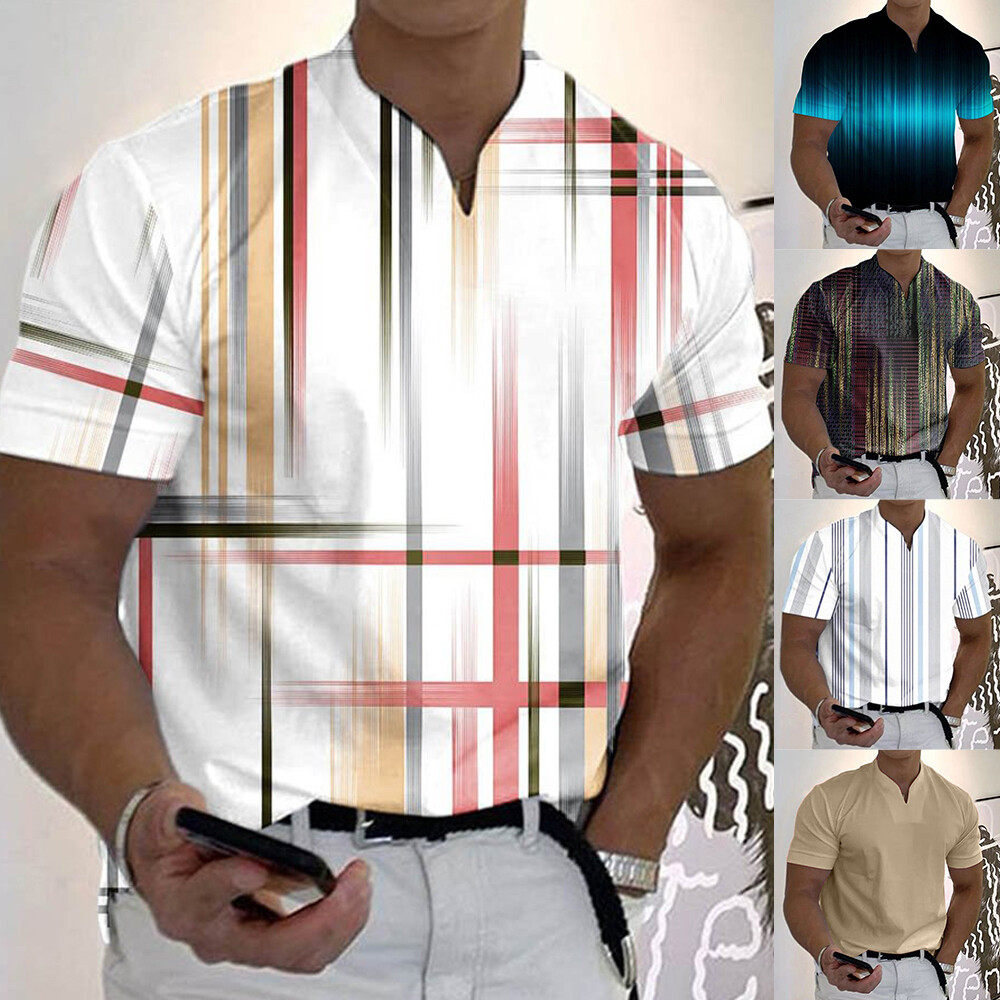 Mens Printed Lapel Collar T-Shirt Blouse Casual Slim Fit Golf Muscle Sports Tops