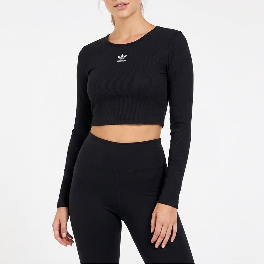 Adidas Originals Womens ESS Crop LS Ribbed Trefoil Top Black Size M