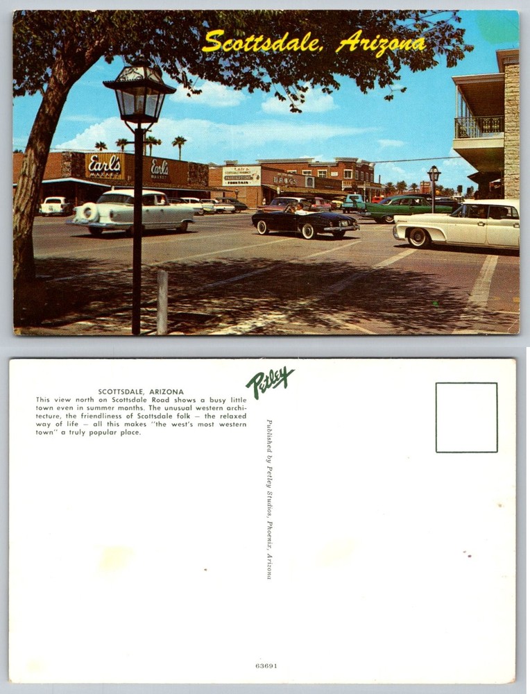 Vintage Scottsdale Arizona Postcard Petley Mid Century Cars Main Street West