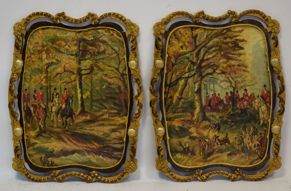 Circa 1900–1920 Old Paintings (Set of 2) “Autumn Horse Hunt”, Oil Paintings.