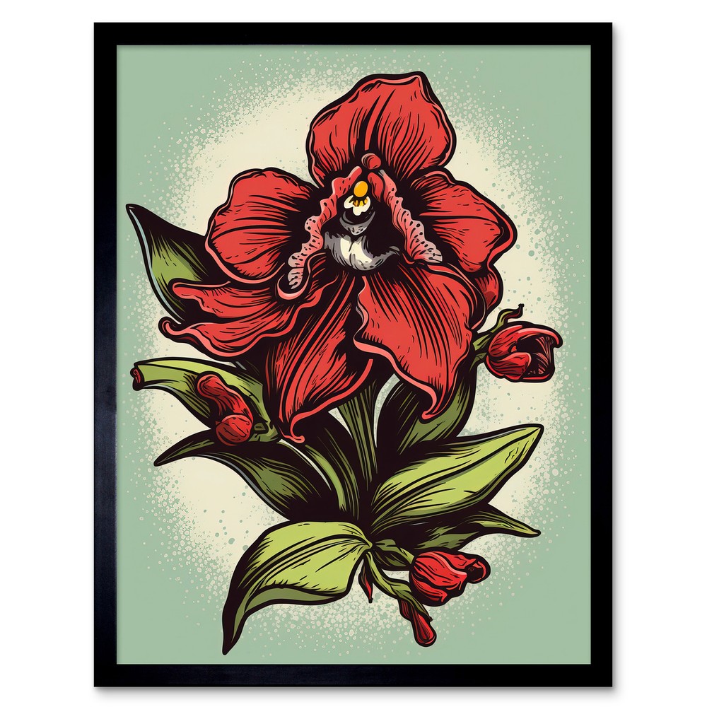 Red Orchid Flower Old School Tattoo Rockabilly 50s Framed Print Wall Art 12x16