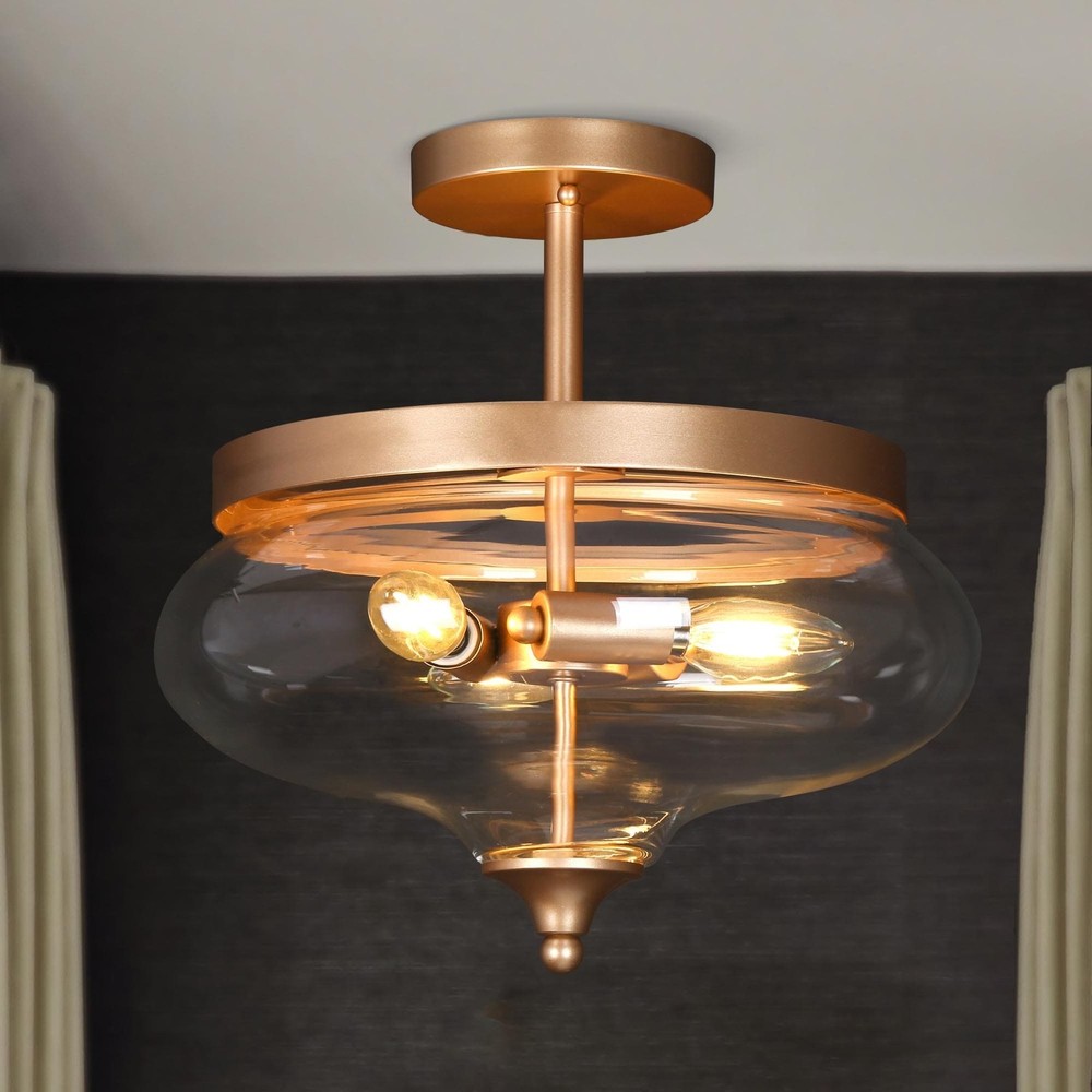 Modern Brass Semi-Flush Mount Teardrop Glass 3-Light Fixture